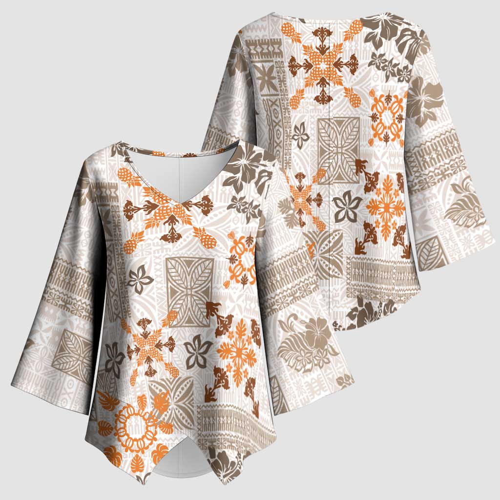 Hawaii Tapa Tribal Kimono Sleeve Blouse With Hawaiian Quilt Pattern Gold LT9 - Polynesian Pride