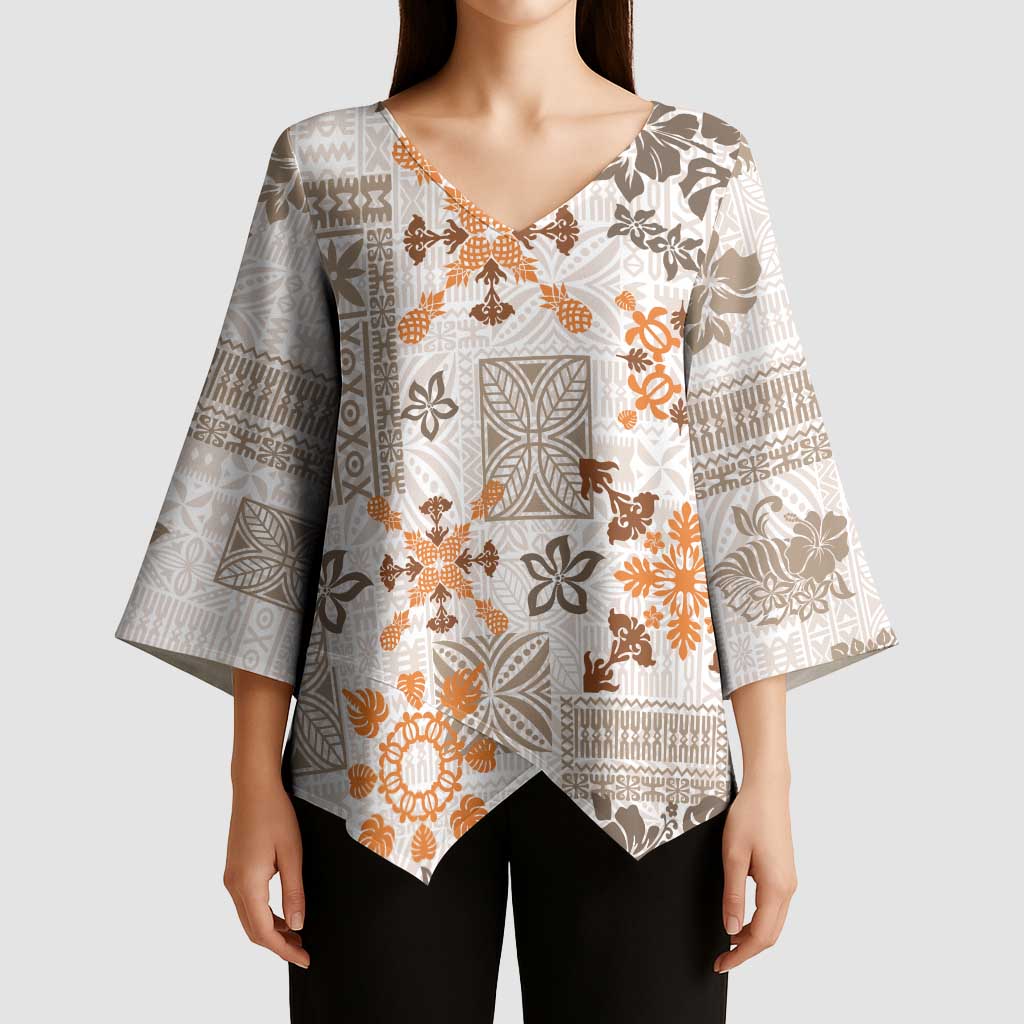 Hawaii Tapa Tribal Kimono Sleeve Blouse With Hawaiian Quilt Pattern Gold LT9 - Polynesian Pride