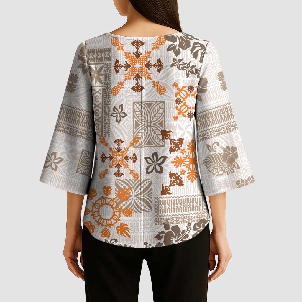 Hawaii Tapa Tribal Kimono Sleeve Blouse With Hawaiian Quilt Pattern Gold LT9 - Polynesian Pride