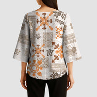 Hawaii Tapa Tribal Kimono Sleeve Blouse With Hawaiian Quilt Pattern Gold LT9 - Polynesian Pride