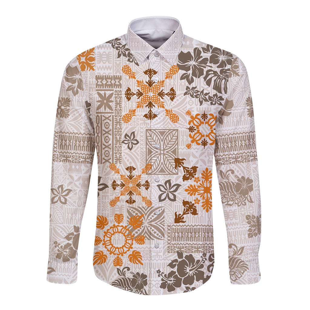 Hawaii Tapa Tribal Long Sleeve Button Shirt With Hawaiian Quilt Pattern Gold LT9 Unisex Gold - Polynesian Pride