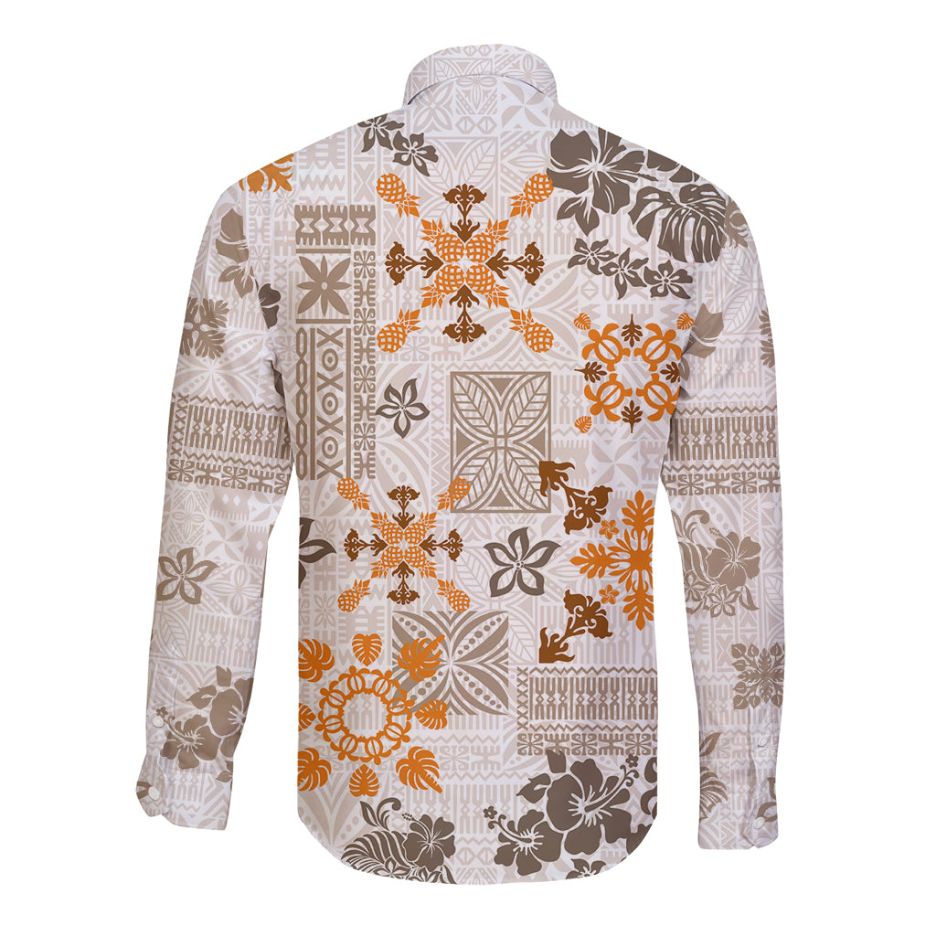 Hawaii Tapa Tribal Long Sleeve Button Shirt With Hawaiian Quilt Pattern Gold LT9 - Polynesian Pride