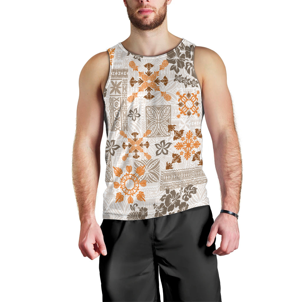 Hawaii Tapa Tribal Men Tank Top With Hawaiian Quilt Pattern Gold LT9 - Polynesian Pride