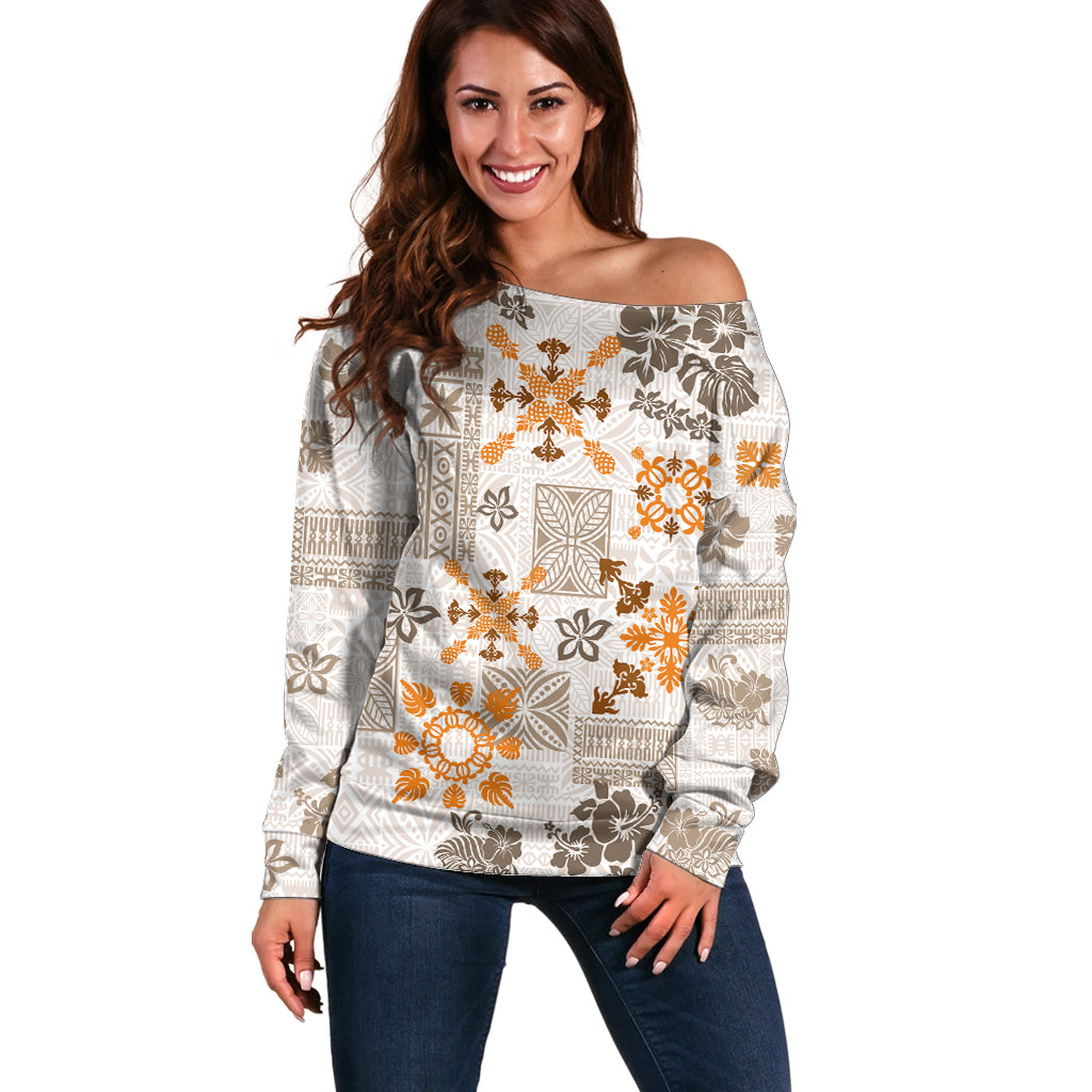 Hawaii Tapa Tribal Off Shoulder Sweater With Hawaiian Quilt Pattern Gold LT9 Women Gold - Polynesian Pride