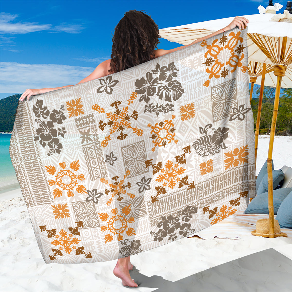 Hawaii Tapa Tribal Sarong With Hawaiian Quilt Pattern Gold LT9 One Size 44 x 66 inches Gold - Polynesian Pride