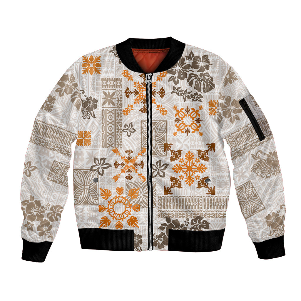 Hawaii Tapa Tribal Sleeve Zip Bomber Jacket With Hawaiian Quilt Pattern Gold LT9 Unisex Gold - Polynesian Pride