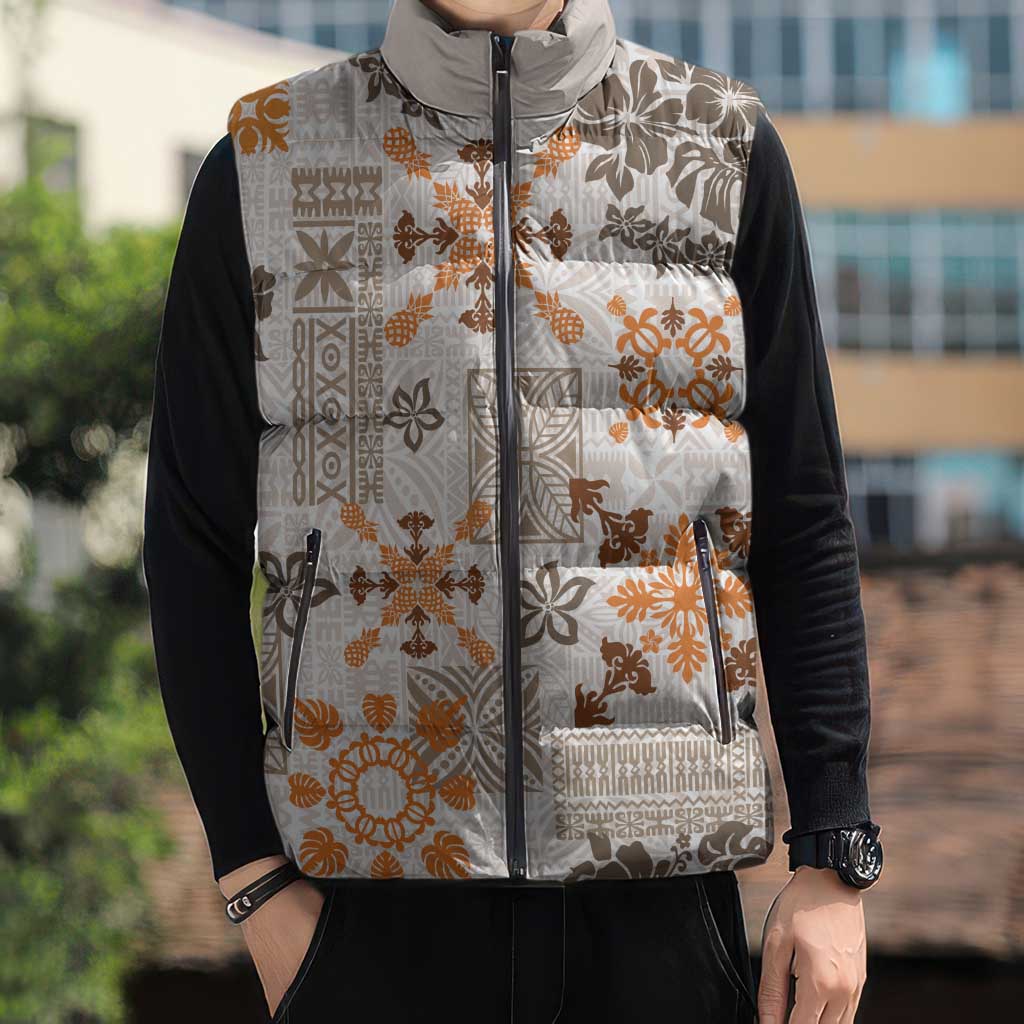 Hawaii Tapa Tribal Sleeveless Puffer Jacket With Hawaiian Quilt Pattern Gold - Polynesian Pride