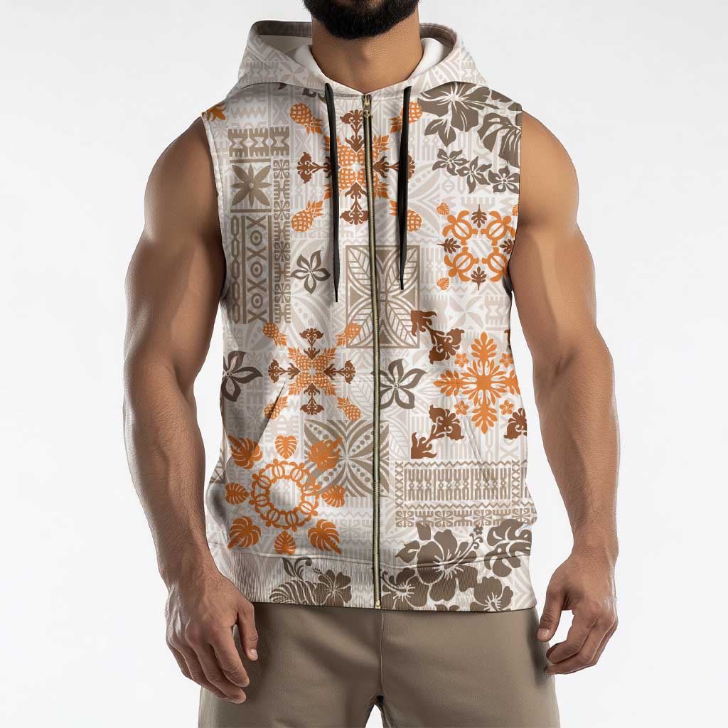 Hawaii Tapa Tribal Sleeveless Zip Hoodie With Hawaiian Quilt Pattern Gold - Polynesian Pride