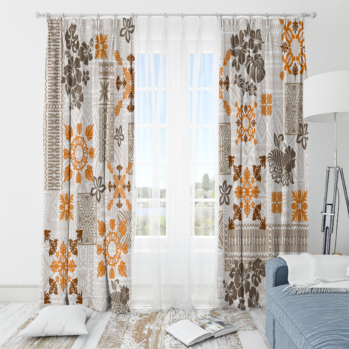 Hawaii Tapa Tribal Window Curtain With Hawaiian Quilt Pattern Gold LT9 - Polynesian Pride