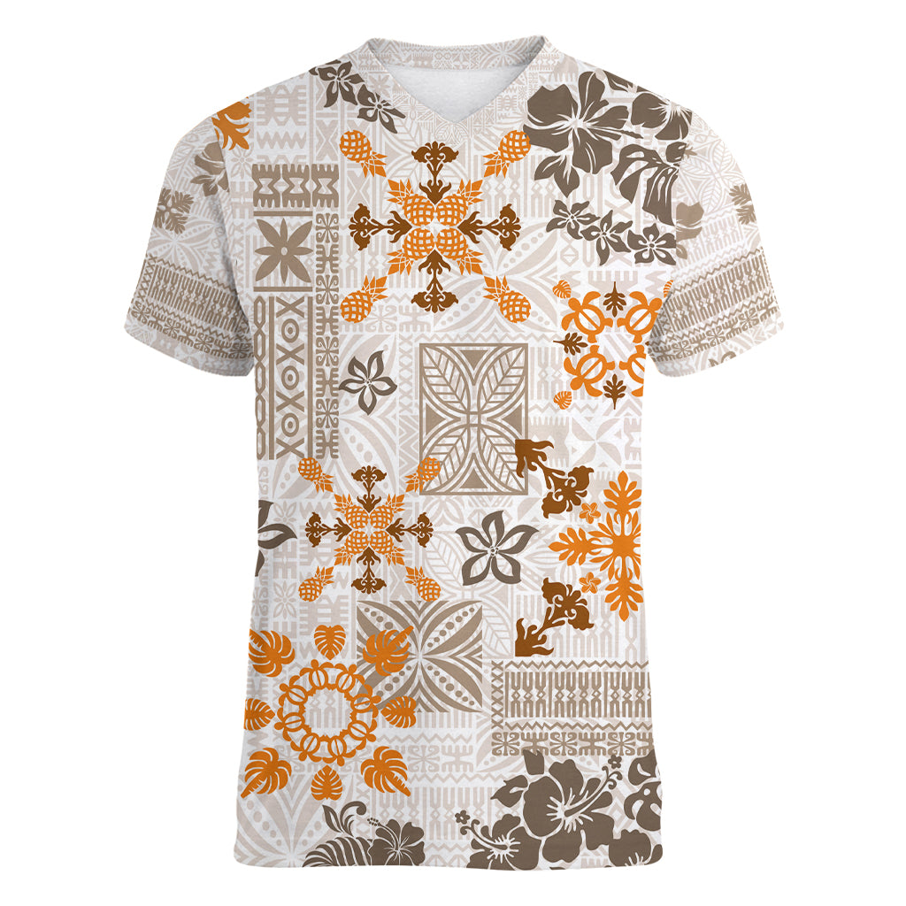 Hawaii Tapa Tribal Women V Neck T Shirt With Hawaiian Quilt Pattern Gold LT9 Female Gold - Polynesian Pride