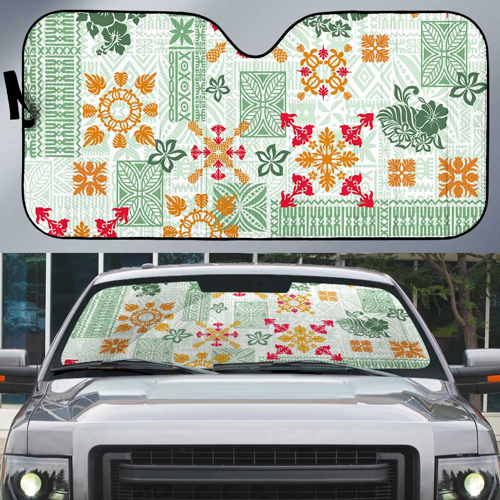 Hawaii Tapa Tribal Auto Sun Shade With Hawaiian Quilt Pattern Green - Polynesian Pride