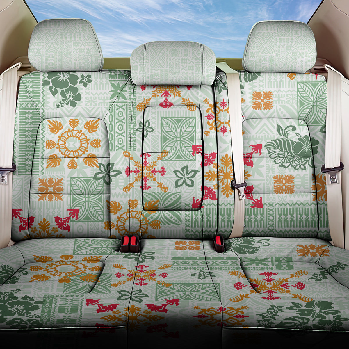 Hawaii Tapa Tribal Back Car Seat Cover With Hawaiian Quilt Pattern Green