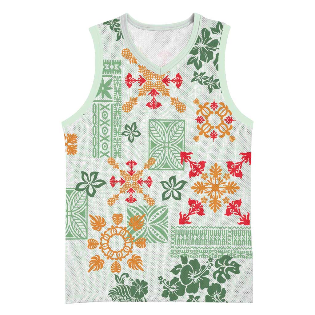 Hawaii Tapa Tribal Basketball Jersey With Hawaiian Quilt Pattern Green - Polynesian Pride