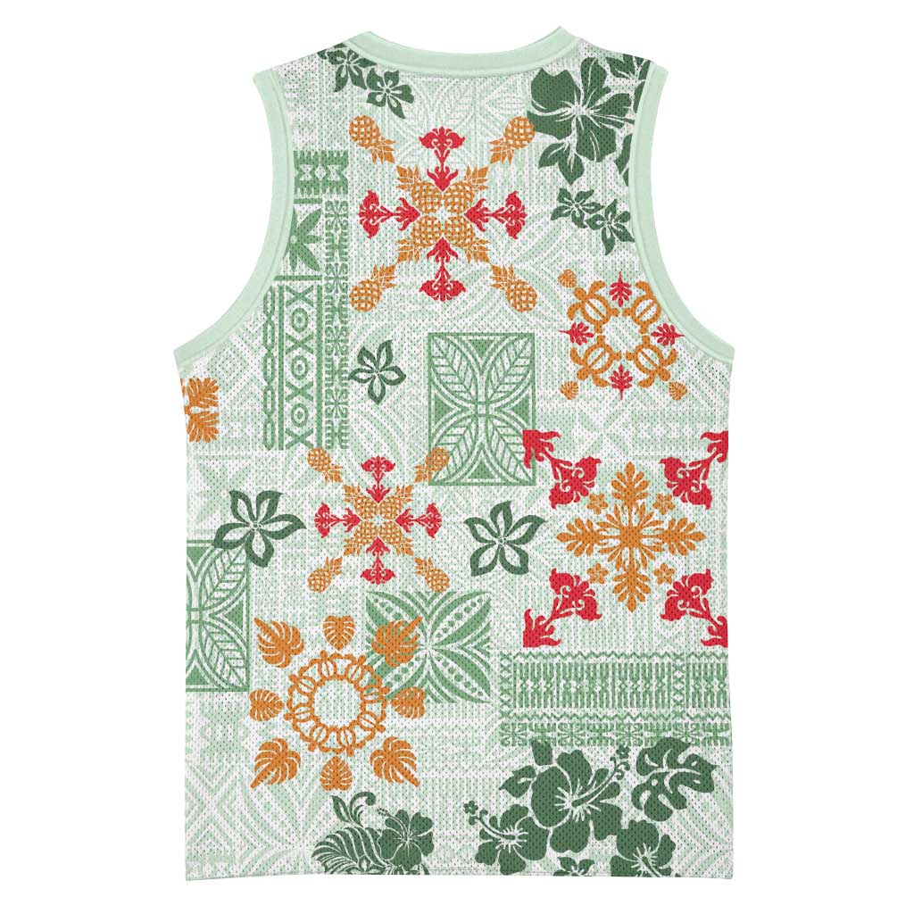 Hawaii Tapa Tribal Basketball Jersey With Hawaiian Quilt Pattern Green LT9 - Polynesian Pride