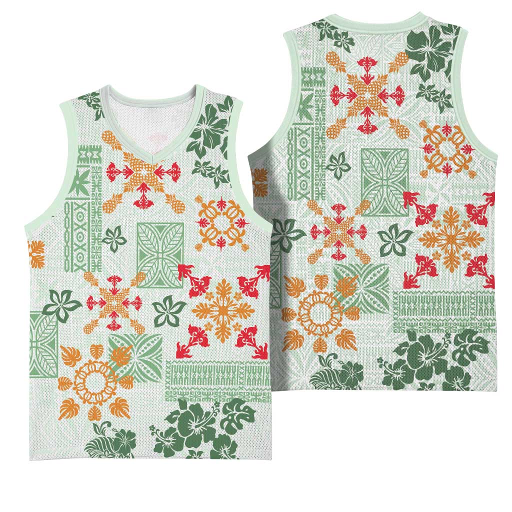Hawaii Tapa Tribal Basketball Jersey With Hawaiian Quilt Pattern Green LT9 - Polynesian Pride