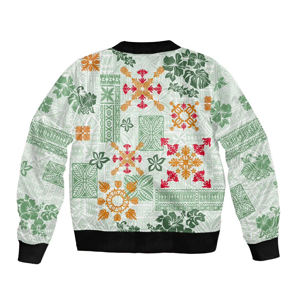 Hawaii Tapa Tribal Bomber Jacket With Hawaiian Quilt Pattern Green LT9 - Polynesian Pride