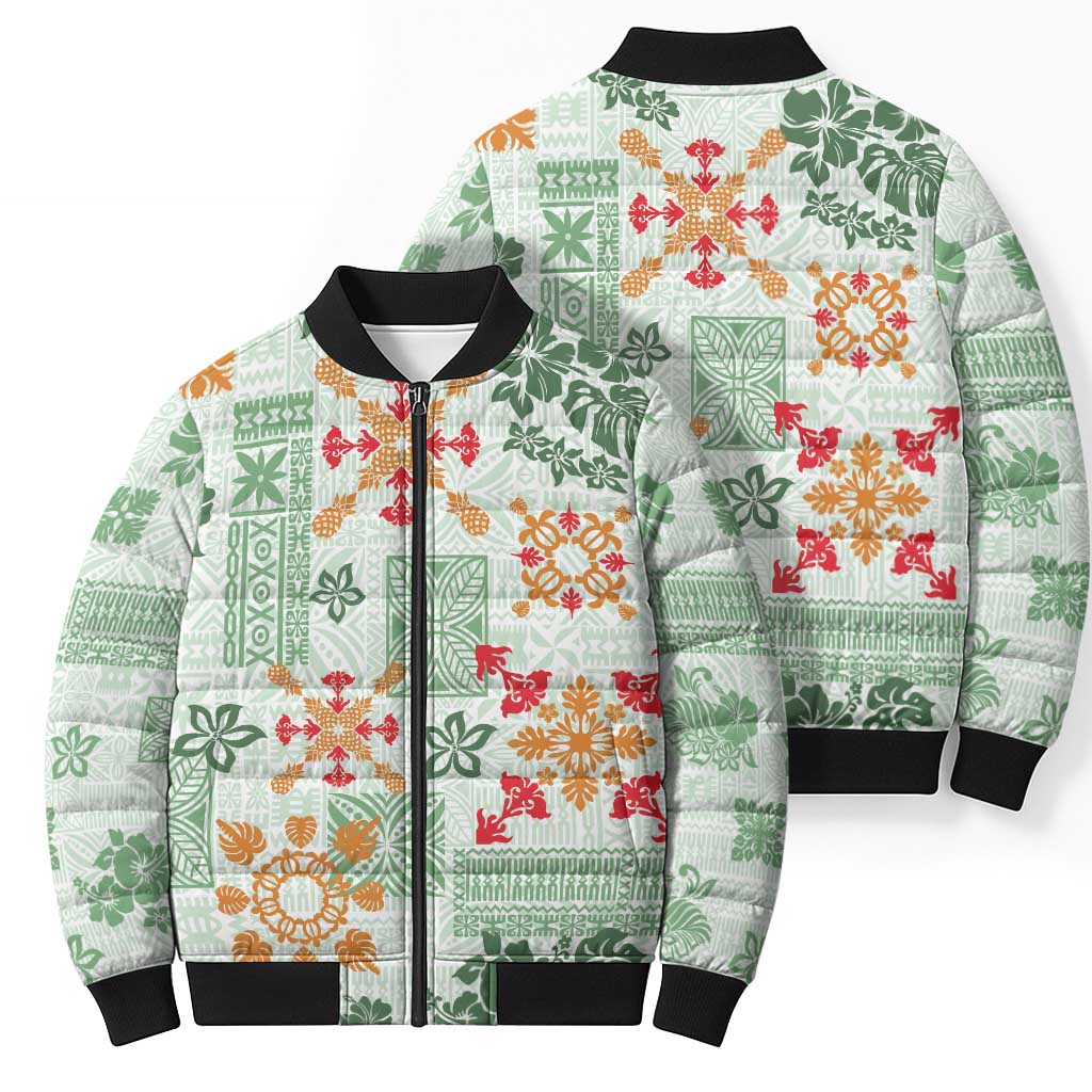 Hawaii Tapa Tribal Bomber Puffer Jacket With Hawaiian Quilt Pattern Green - Polynesian Pride
