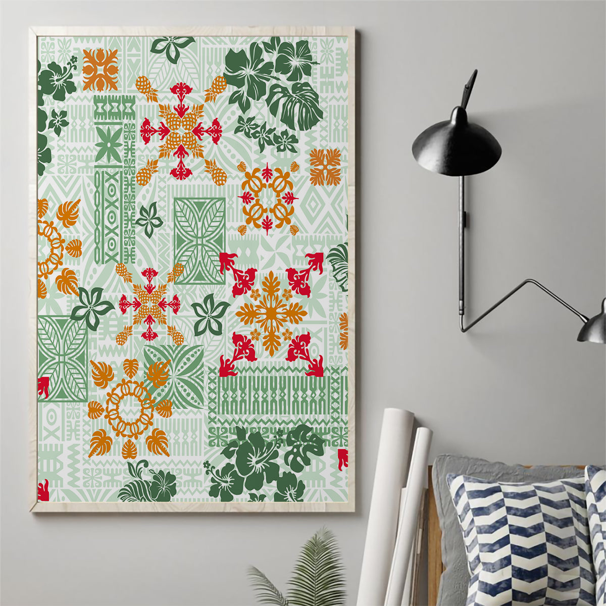Hawaii Tapa Tribal Canvas Wall Art With Hawaiian Quilt Pattern Green LT9 - Polynesian Pride