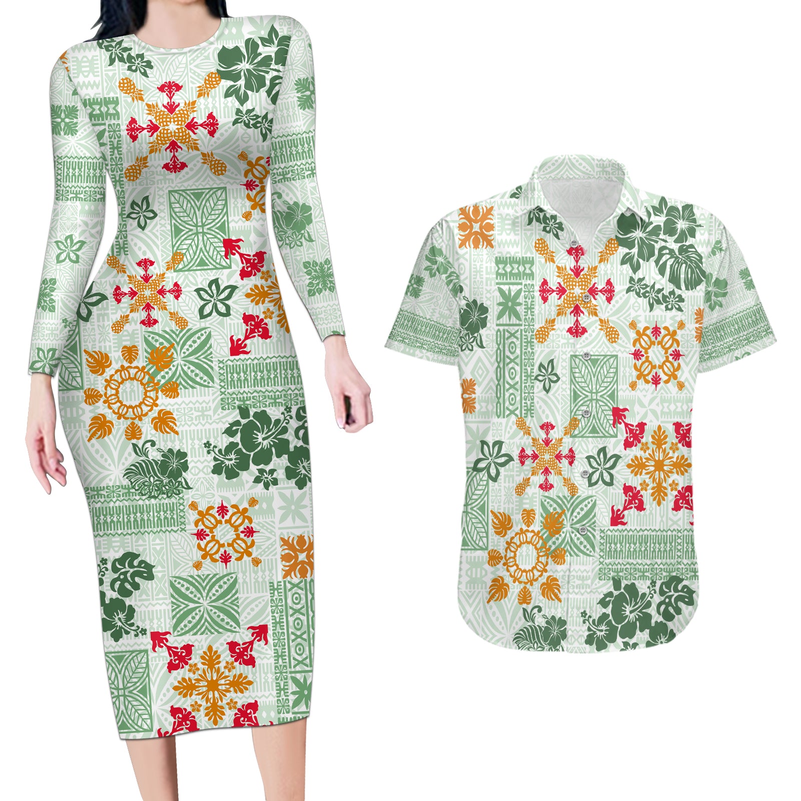 Hawaii Tapa Tribal Couples Matching Long Sleeve Bodycon Dress and Hawaiian Shirt With Hawaiian Quilt Pattern Green LT9 Green - Polynesian Pride