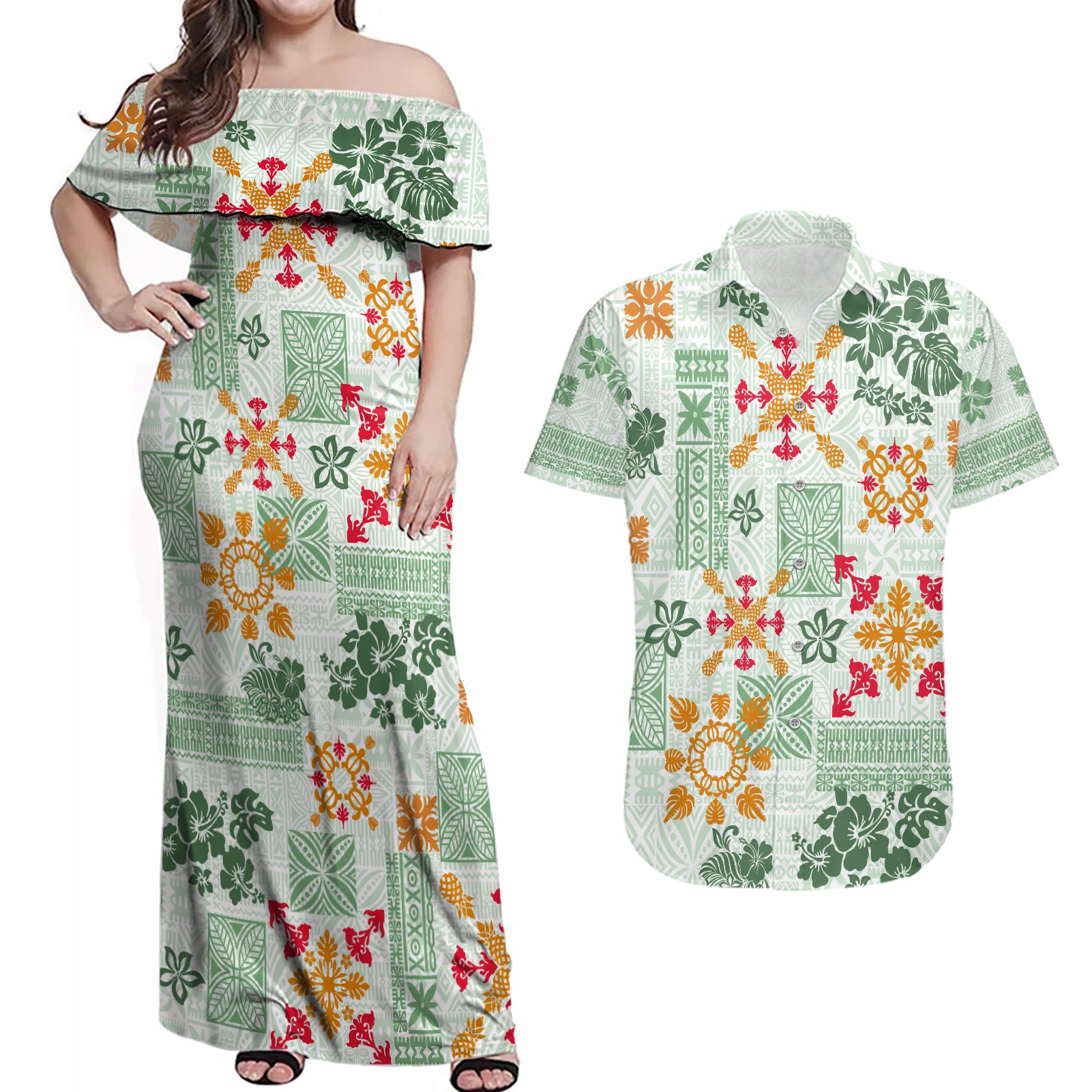 Hawaii Tapa Tribal Couples Matching Off Shoulder Maxi Dress and Hawaiian Shirt With Hawaiian Quilt Pattern Green LT9 Green - Polynesian Pride