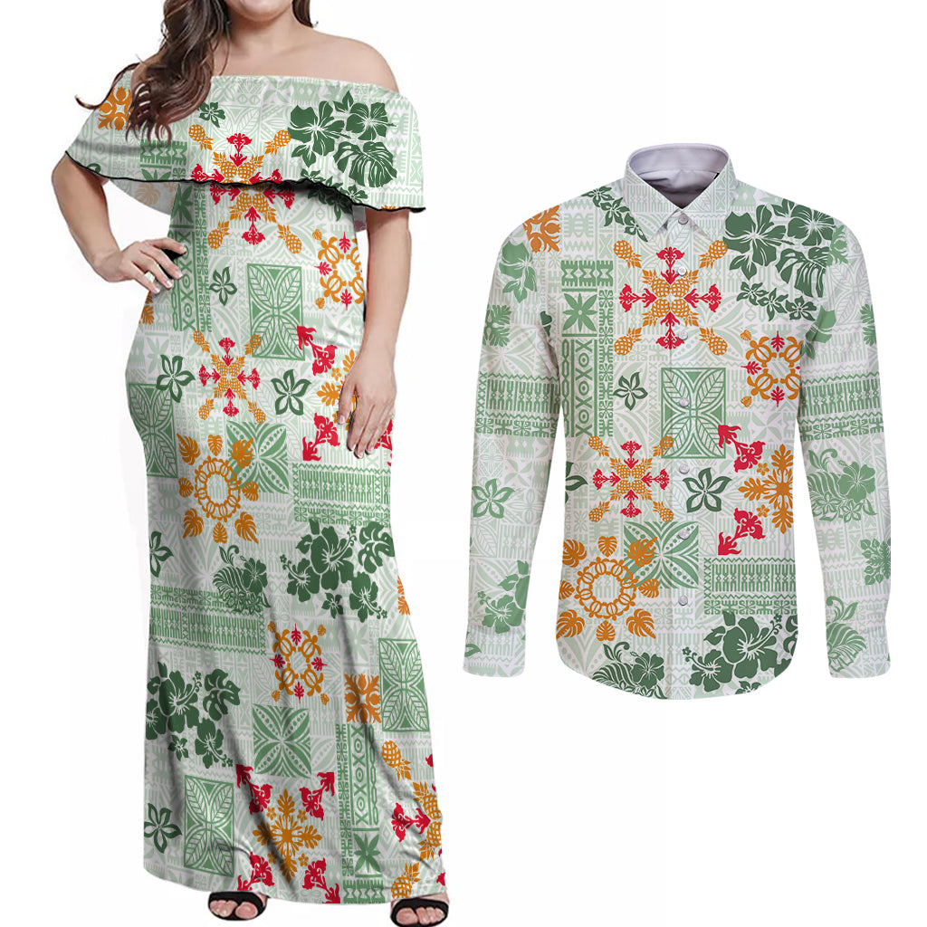 Hawaii Tapa Tribal Couples Matching Off Shoulder Maxi Dress and Long Sleeve Button Shirt With Hawaiian Quilt Pattern Green LT9 Green - Polynesian Pride