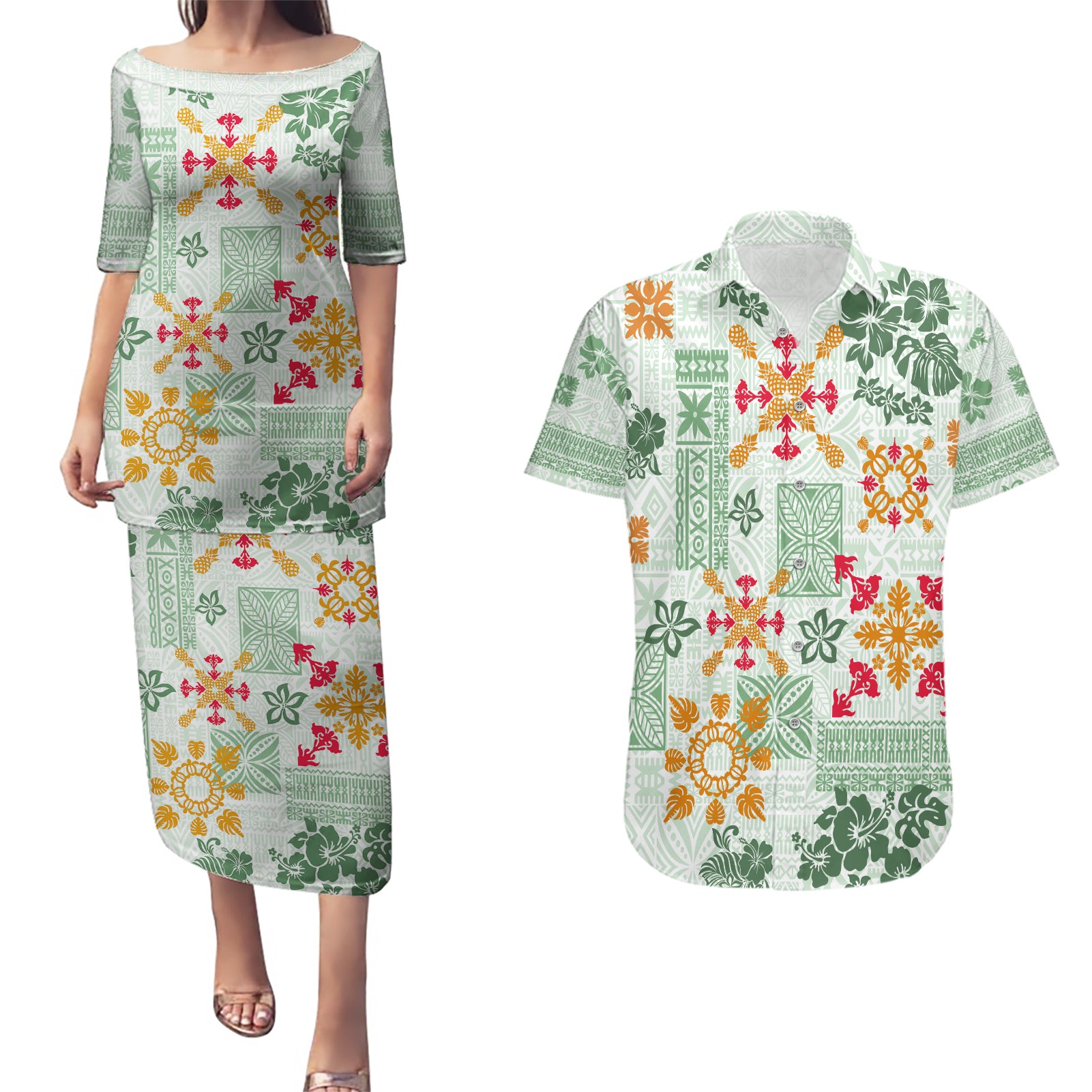 Hawaii Tapa Tribal Couples Matching Puletasi Dress and Hawaiian Shirt With Hawaiian Quilt Pattern Green LT9 Green - Polynesian Pride