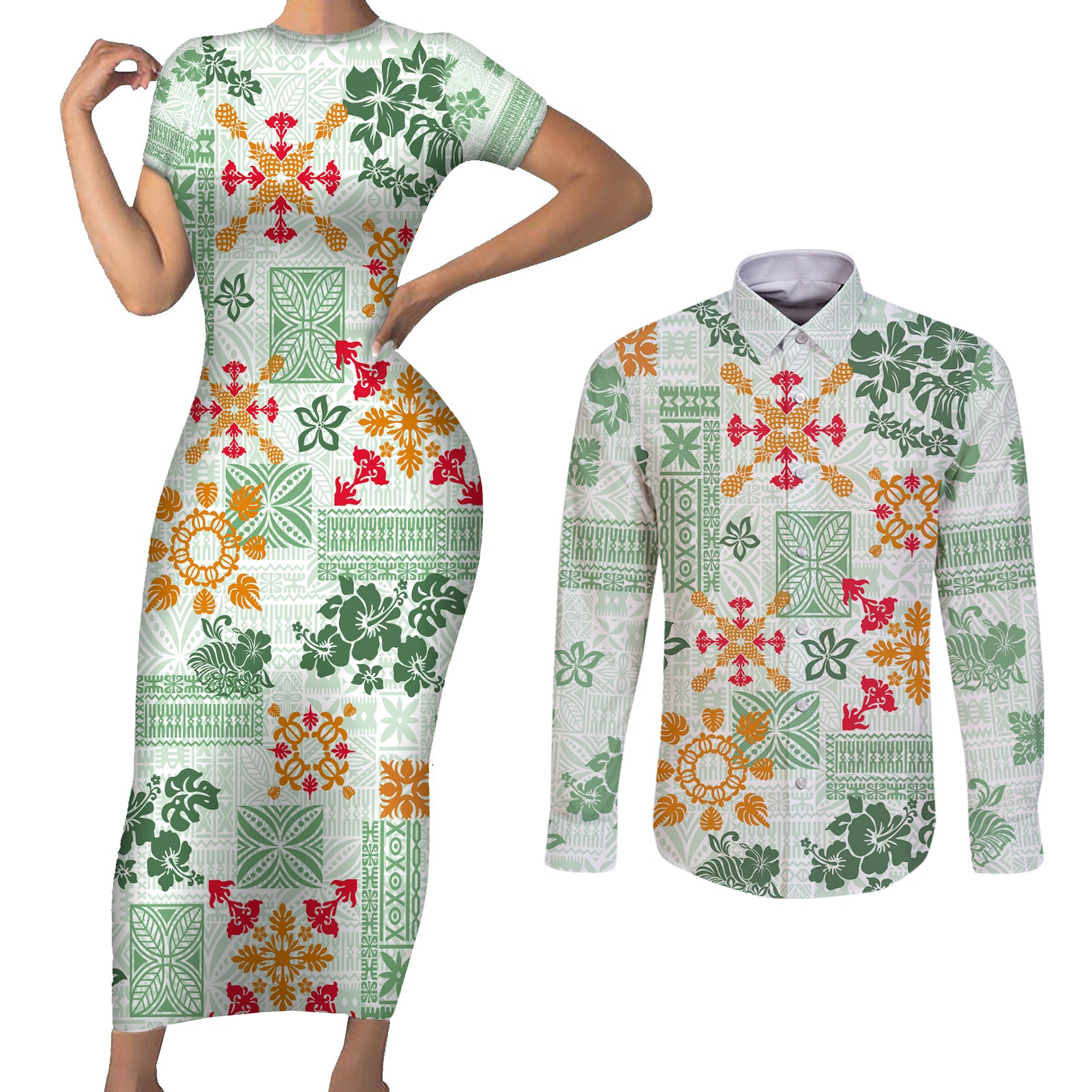 Hawaii Tapa Tribal Couples Matching Short Sleeve Bodycon Dress and Long Sleeve Button Shirt With Hawaiian Quilt Pattern Green LT9 Green - Polynesian Pride