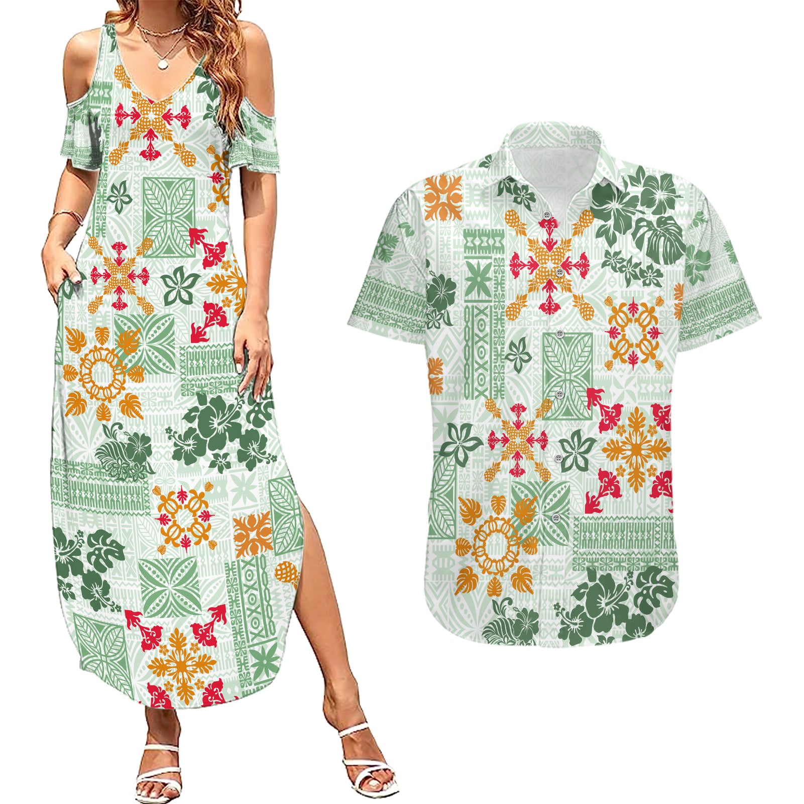 Hawaii Tapa Tribal Couples Matching Summer Maxi Dress and Hawaiian Shirt With Hawaiian Quilt Pattern Green LT9 Green - Polynesian Pride