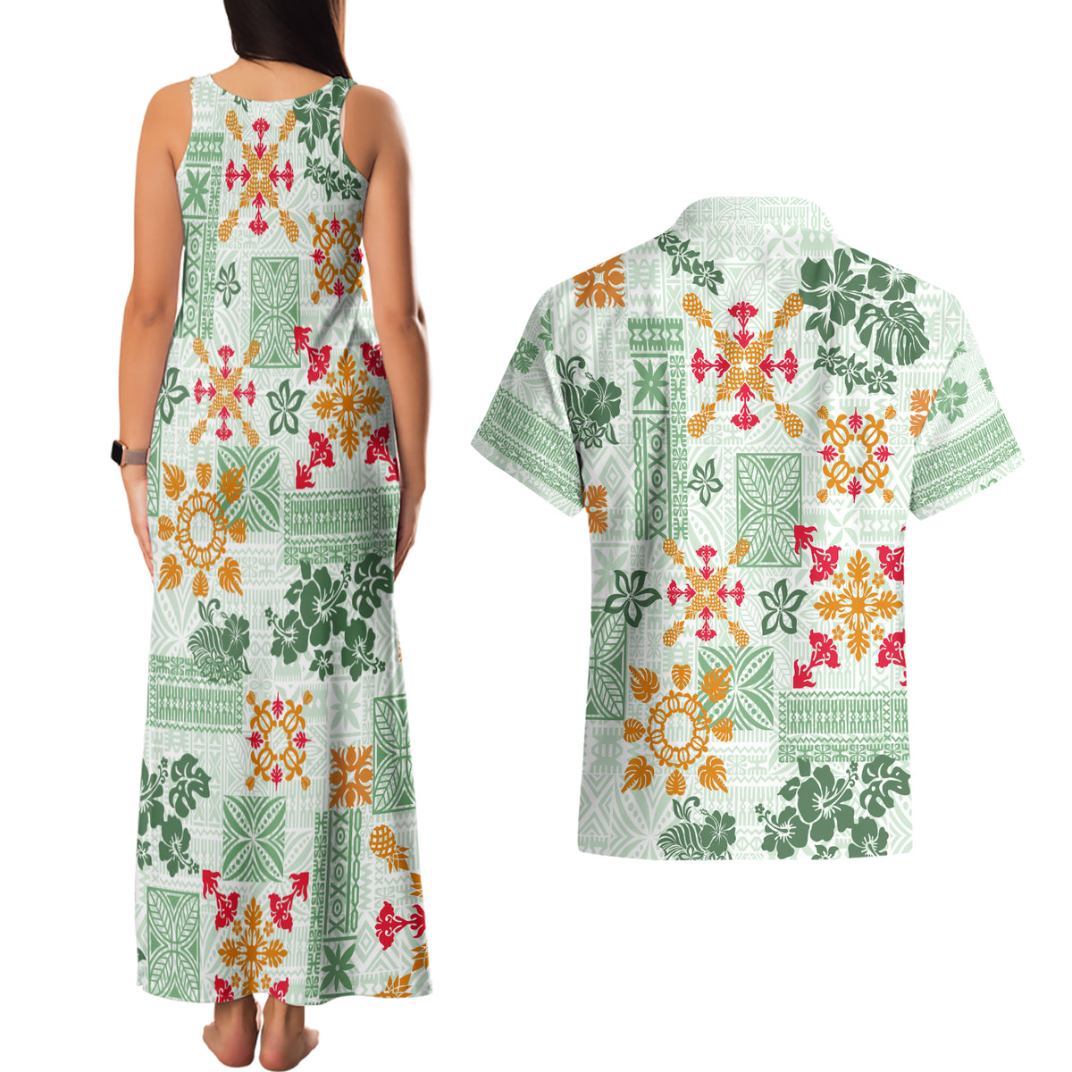 Hawaii Tapa Tribal Couples Matching Tank Maxi Dress and Hawaiian Shirt With Hawaiian Quilt Pattern Green LT9 - Polynesian Pride