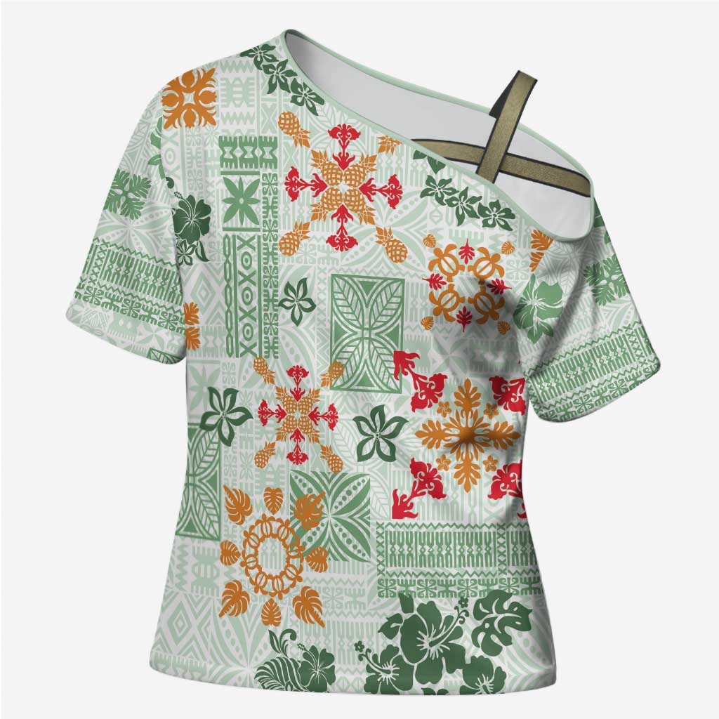 Hawaii Tapa Tribal Cross Shoulder Shirt With Hawaiian Quilt Pattern Green LT9 Female Green - Polynesian Pride