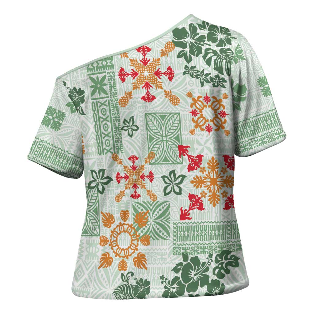 Hawaii Tapa Tribal Cross Shoulder Shirt With Hawaiian Quilt Pattern Green LT9 - Polynesian Pride