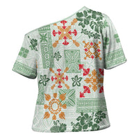 Hawaii Tapa Tribal Cross Shoulder Shirt With Hawaiian Quilt Pattern Green LT9 - Polynesian Pride