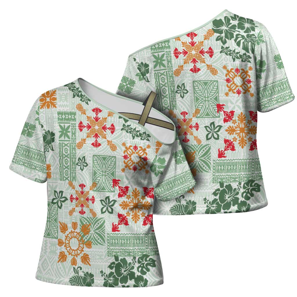 Hawaii Tapa Tribal Cross Shoulder Shirt With Hawaiian Quilt Pattern Green LT9 - Polynesian Pride