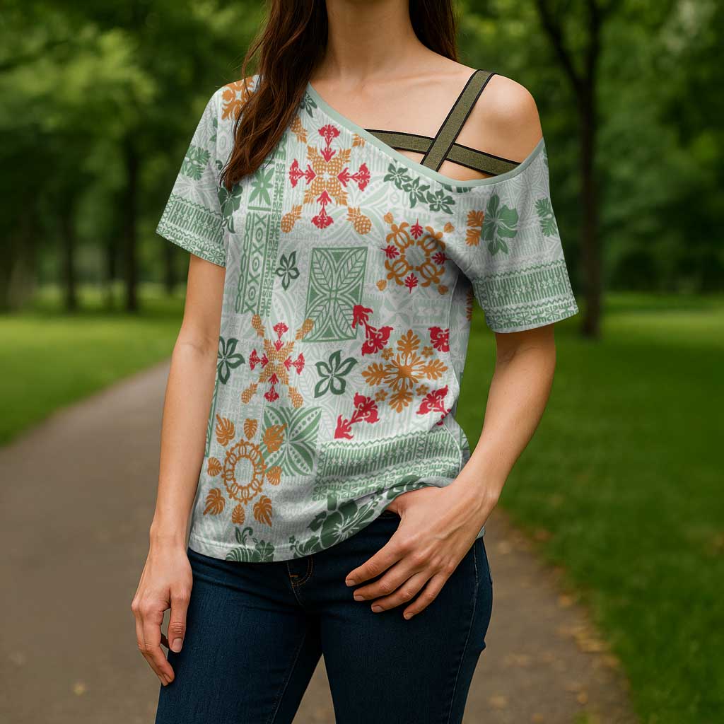 Hawaii Tapa Tribal Cross Shoulder Shirt With Hawaiian Quilt Pattern Green LT9 - Polynesian Pride