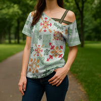 Hawaii Tapa Tribal Cross Shoulder Shirt With Hawaiian Quilt Pattern Green LT9 - Polynesian Pride