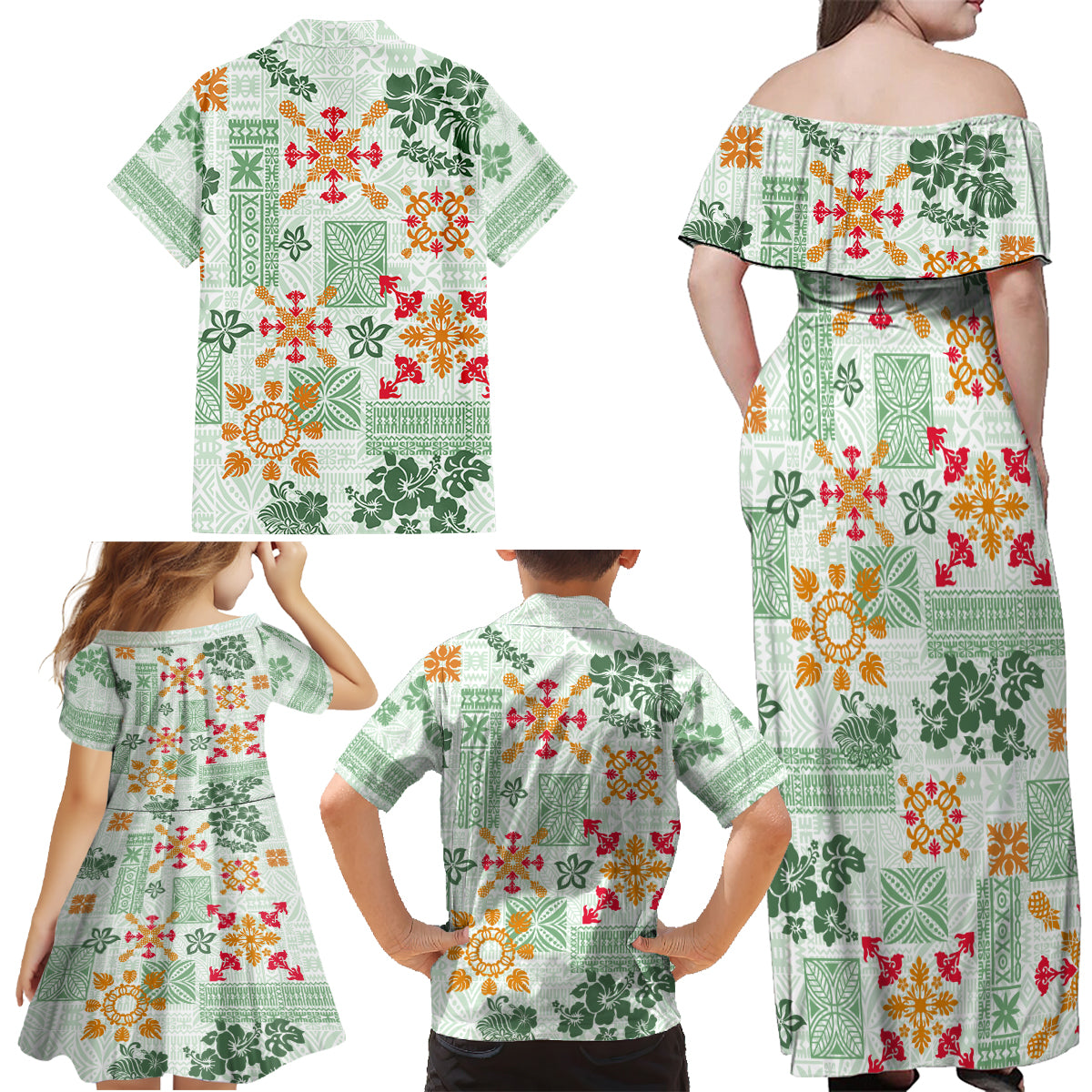 Hawaii Tapa Tribal Family Matching Off Shoulder Maxi Dress and Hawaiian Shirt With Hawaiian Quilt Pattern Green LT9 - Polynesian Pride