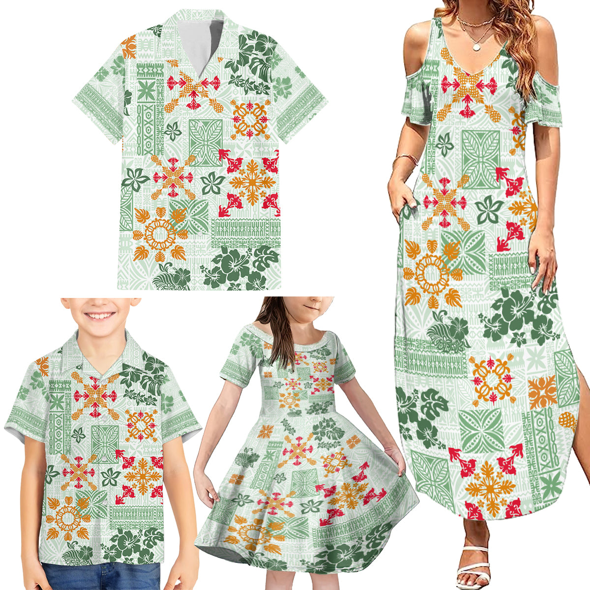 Hawaii Tapa Tribal Family Matching Summer Maxi Dress and Hawaiian Shirt With Hawaiian Quilt Pattern Green LT9 - Polynesian Pride