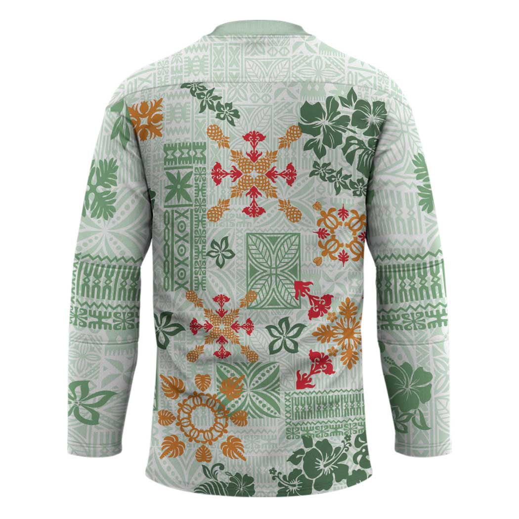 Hawaii Tapa Tribal Hockey Jersey With Hawaiian Quilt Pattern Green LT9 - Polynesian Pride