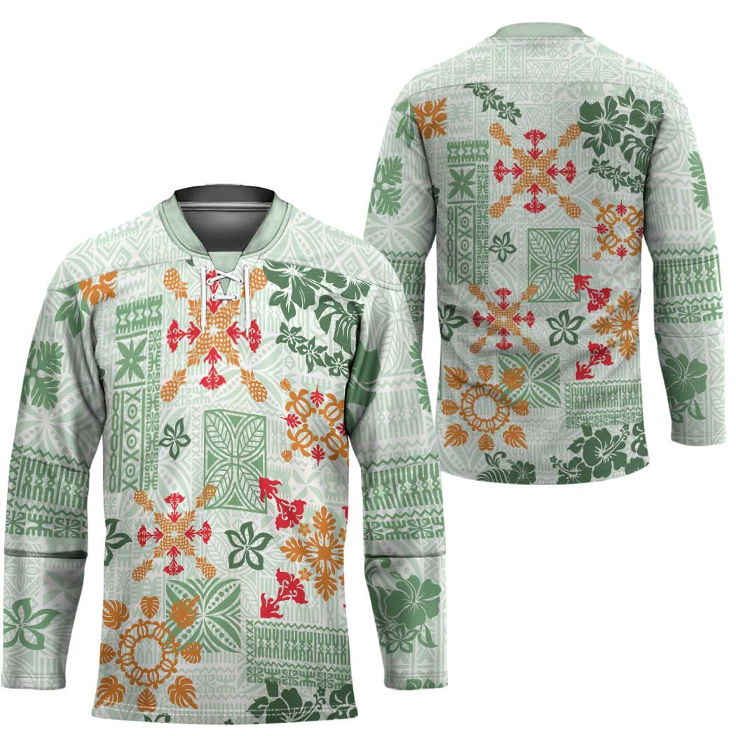 Hawaii Tapa Tribal Hockey Jersey With Hawaiian Quilt Pattern Green LT9 - Polynesian Pride