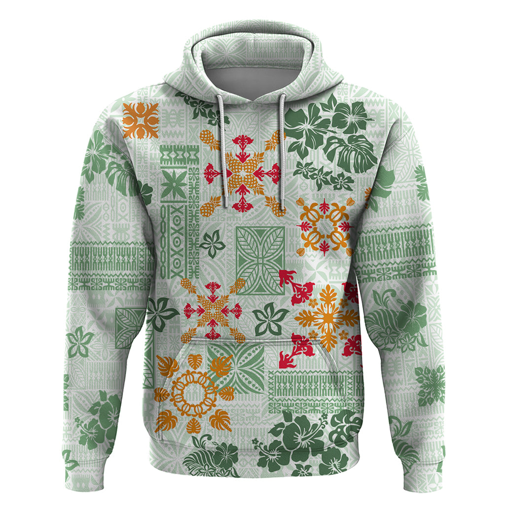 Hawaii Tapa Tribal Hoodie With Hawaiian Quilt Pattern Green LT9 Pullover Hoodie Green - Polynesian Pride