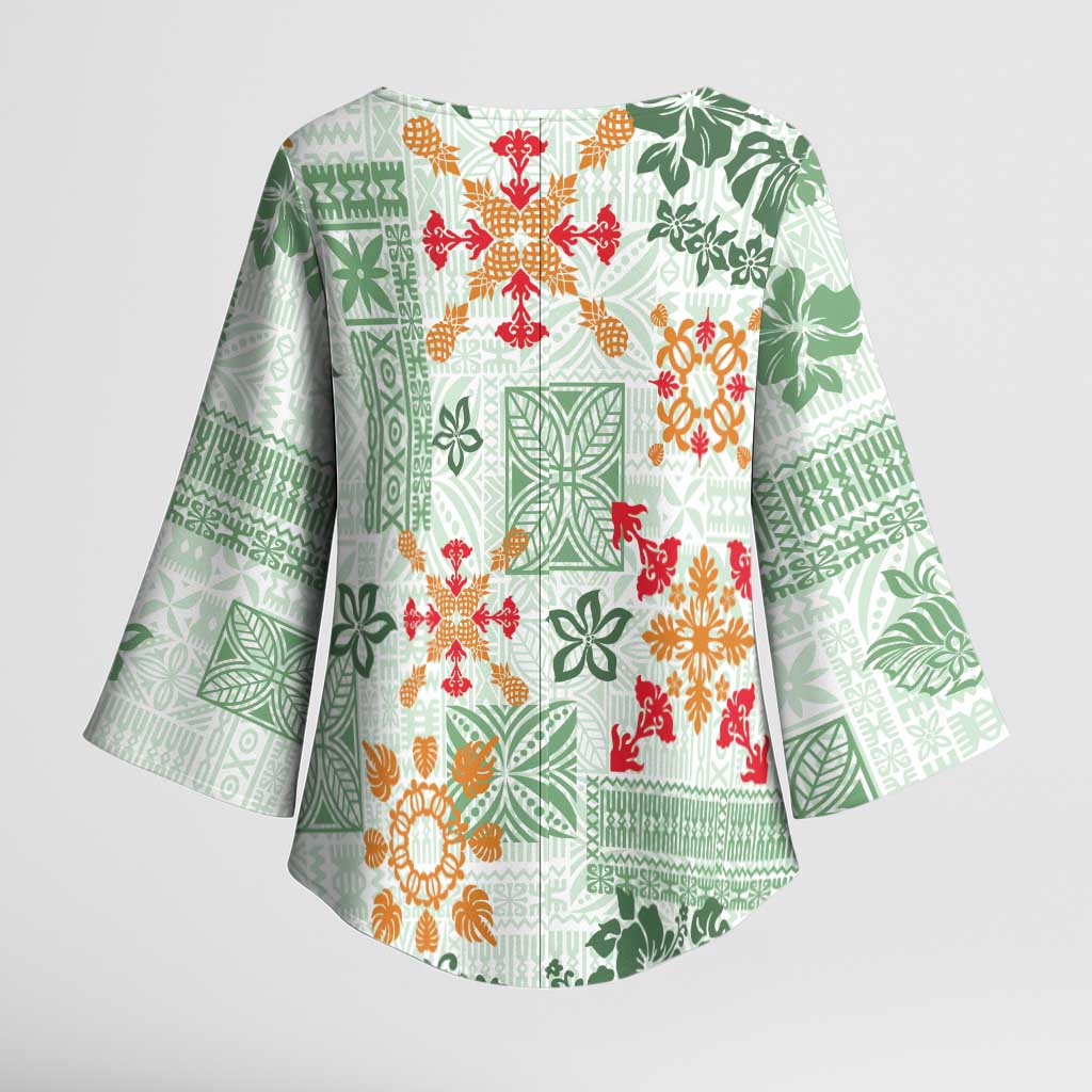 Hawaii Tapa Tribal Kimono Sleeve Blouse With Hawaiian Quilt Pattern Green - Polynesian Pride