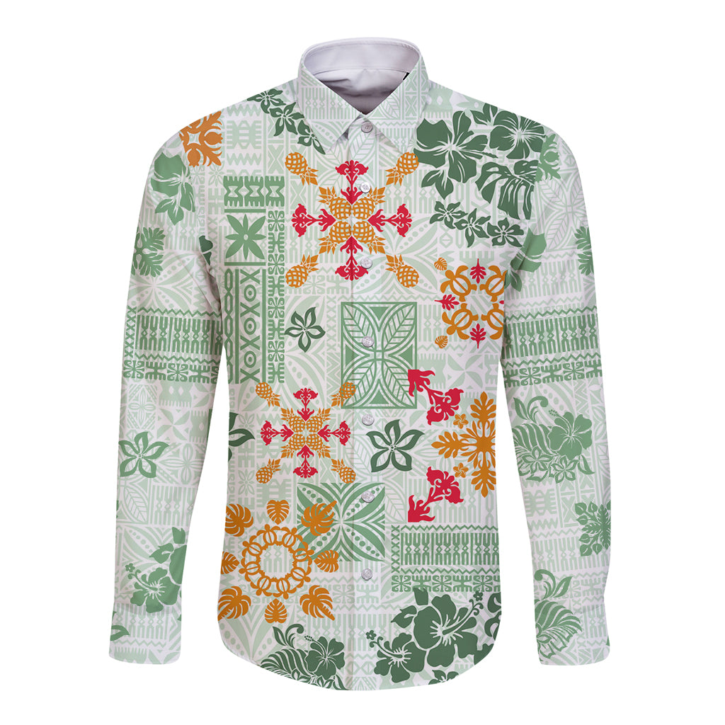 Hawaii Tapa Tribal Long Sleeve Button Shirt With Hawaiian Quilt Pattern Green LT9 Unisex Green - Polynesian Pride