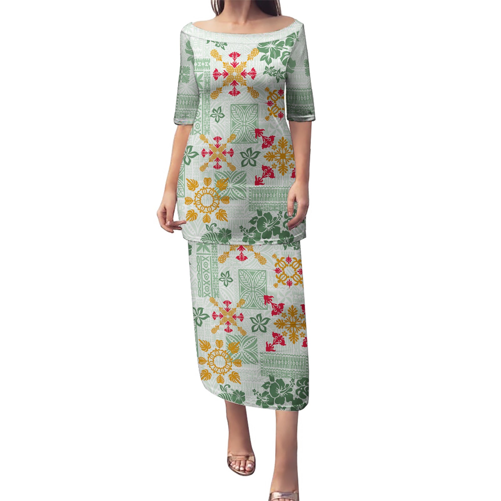 Hawaii Tapa Tribal Puletasi With Hawaiian Quilt Pattern Green LT9 Long Dress Green - Polynesian Pride