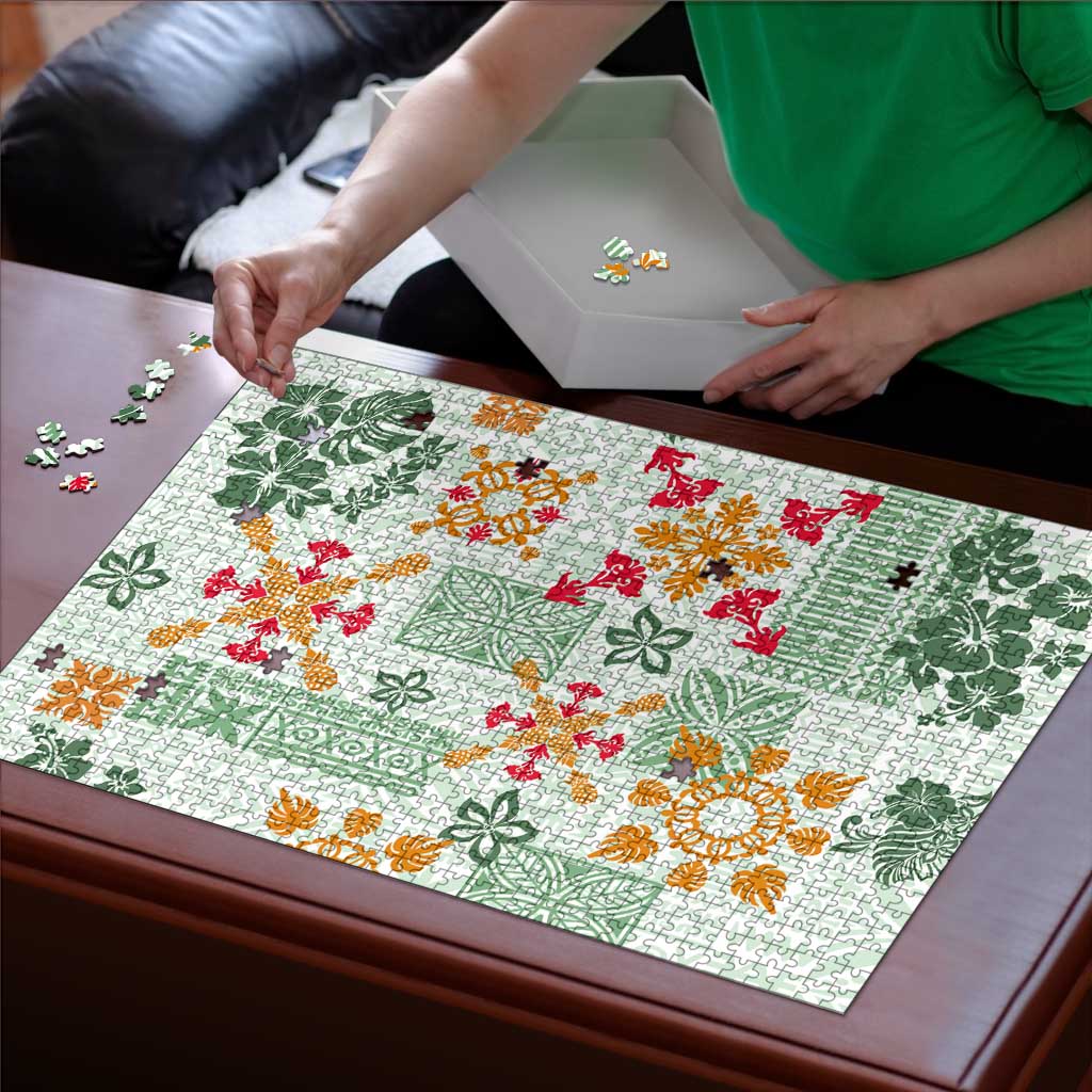 Hawaii Tapa Tribal Puzzle With Hawaiian Quilt Pattern Green - Polynesian Pride