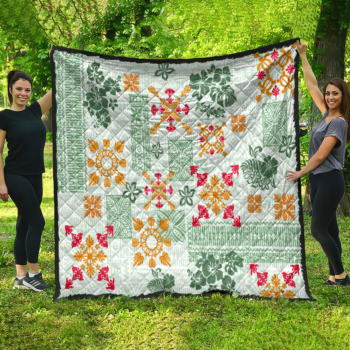 Hawaii Tapa Tribal Quilt With Hawaiian Quilt Pattern Green LT9 - Polynesian Pride