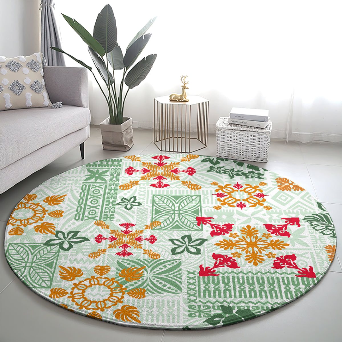 Hawaii Tapa Tribal Round Carpet With Hawaiian Quilt Pattern Green LT9 - Polynesian Pride