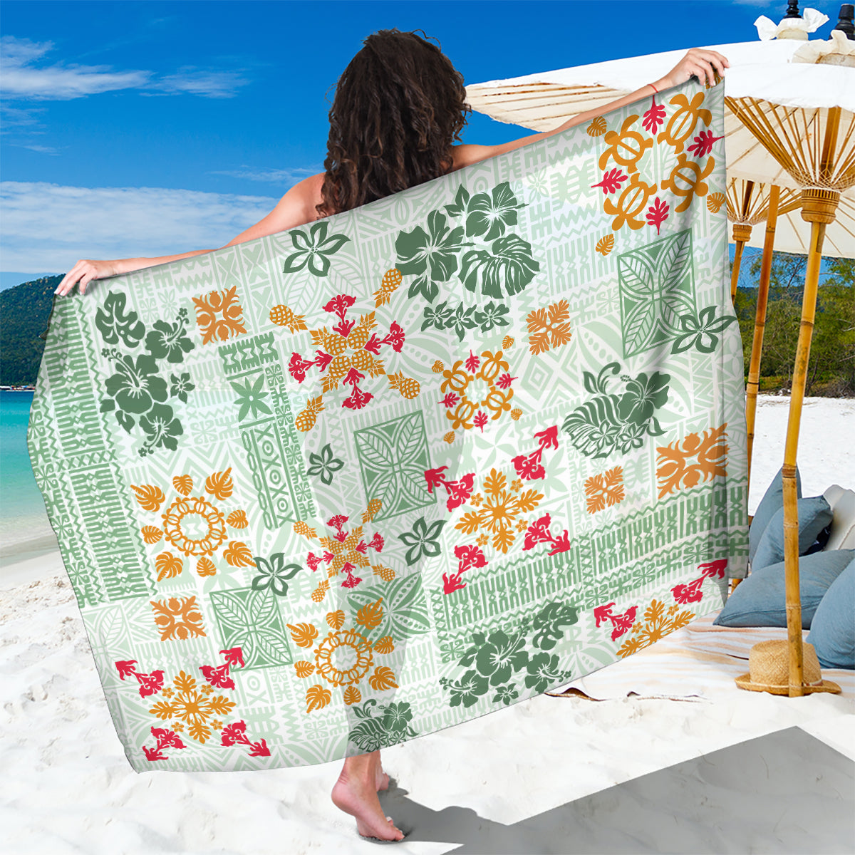 Hawaii Tapa Tribal Sarong With Hawaiian Quilt Pattern Green LT9 One Size 44 x 66 inches Green - Polynesian Pride