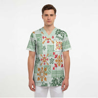 Hawaii Tapa Tribal Scrub Top With Hawaiian Quilt Pattern Green - Polynesian Pride