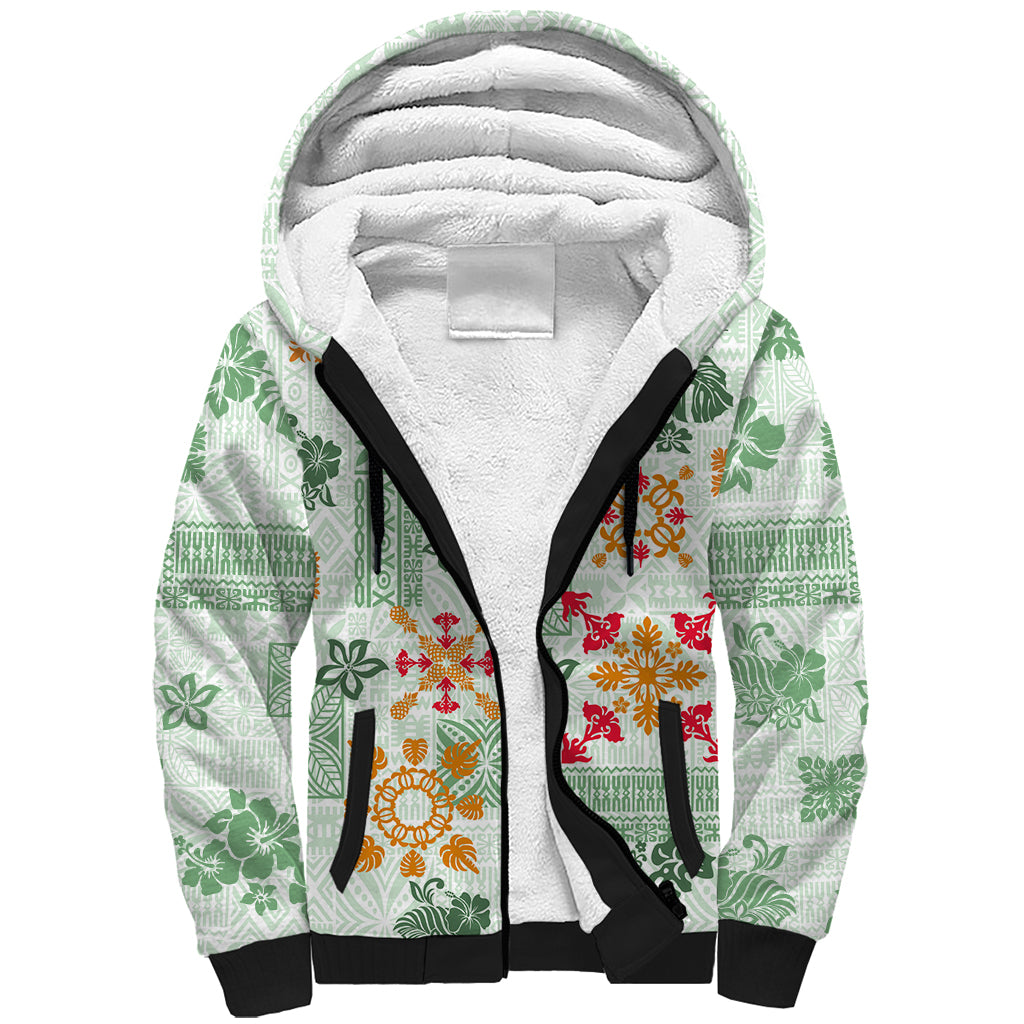 Hawaii Tapa Tribal Sherpa Hoodie With Hawaiian Quilt Pattern Green LT9 Unisex Green - Polynesian Pride