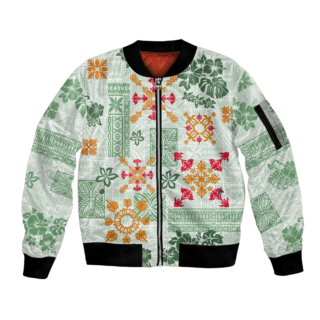 Hawaii Tapa Tribal Sleeve Zip Bomber Jacket With Hawaiian Quilt Pattern Green LT9 Unisex Green - Polynesian Pride